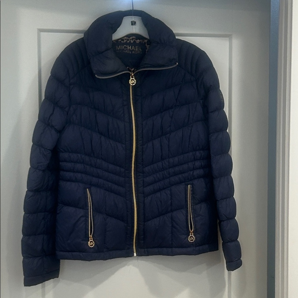 Michael Kors Dark Blue Puffer Jacket with Gold Accents